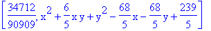 [34712/90909, x^2+6/5*x*y+y^2-68/5*x-68/5*y+239/5]